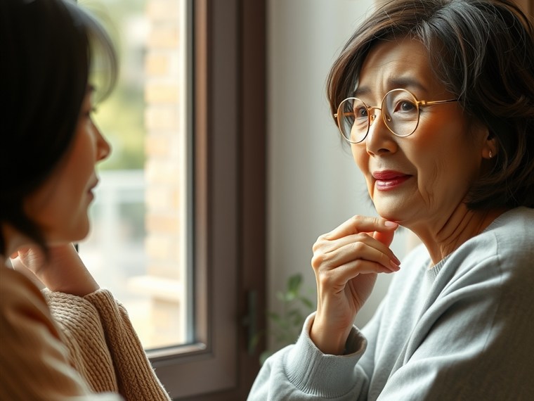 생각에 잠긴 어머니와 곁에서 지켜보는 딸