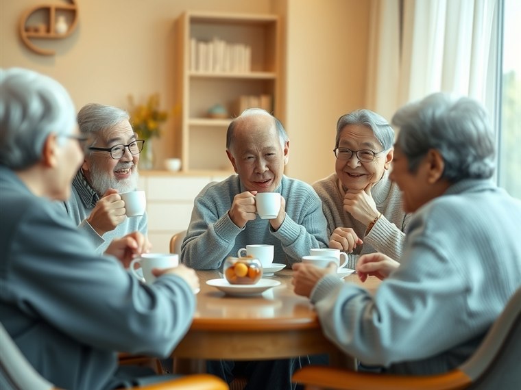 이웃과 마주 앉아 이야기를 나누는 시니어