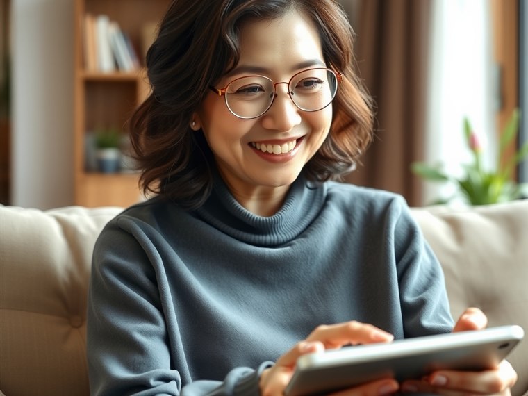 집에서 태블릿으로 두뇌훈련을 하는 시니어