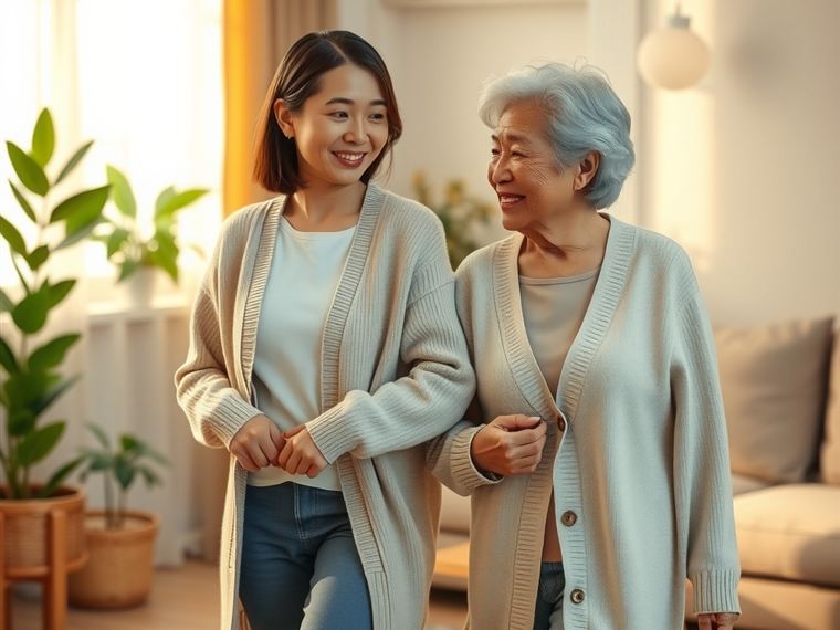 곁에서 식사를 돕는 보호자