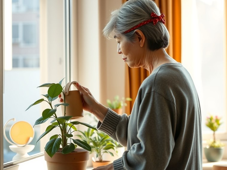 창가 화분에 물을 주는 시니어