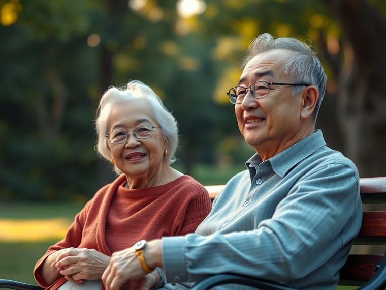 공원 벤치에서 미소 짓는 노부부