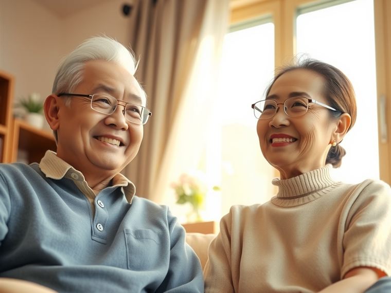 살던 집 거실에 앉아 있는 노부부