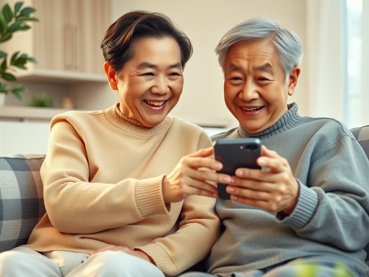 소파에서 함께 스마트폰을 보며 웃는 노년 부부